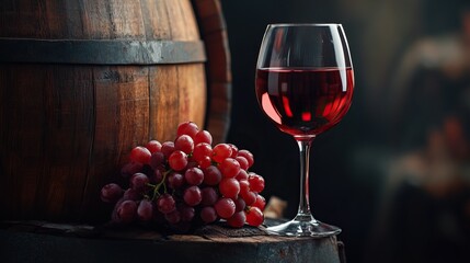 Red wine glass and grapes on a wooden barrel with a dark background in a winery, 
