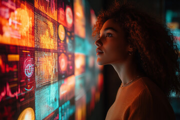 Young workers reviewing project milestones, charts and graphs projected on the wall