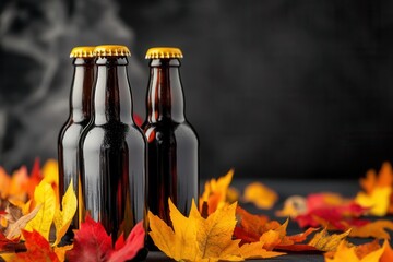 Four dark beer bottles surrounded by colorful autumn leaves, perfect for seasonal promotions or fall-themed projects.