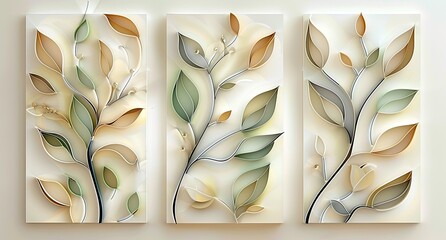 Three panels with layered paper leaf art.