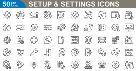 Setup and Settings tools Icons Collection. User, gear, preferences, options, adjustments, tool, configuration, technical and system. vector illustration.