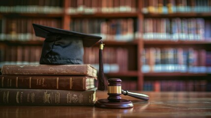 Law education, legal educational study, a school for lawyers, legislation, litigation, judicial knowledge learning concept with court judge gavel and textbook with a mortarboard on books in a library.