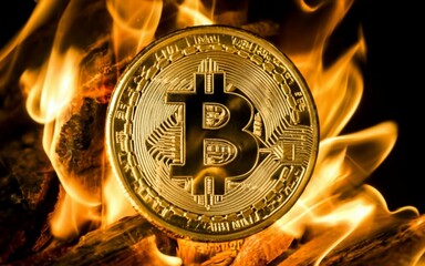 Golden coin with the Bitcoin symbol and flames of fire in the background