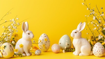 Playful Easter scene with cheerful ceramic bunnies placed on a bright yellow background