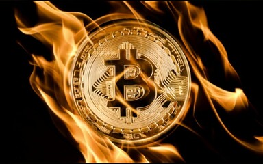 Golden coin with the Bitcoin symbol and flames of fire in the background