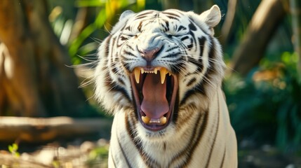 Naklejka premium White tiger mid-yawn, showing its teeth and the majesty of the animal