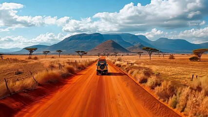 Kenyan desert with automobile for transportation. Holiday, tour guide, and driving with technology for adventure.