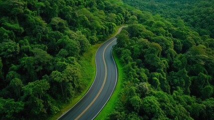 Aerial view asphalt road on green forest, Curve asphalt road on mountain green forest, Countryside road passing green forrest and mountain.