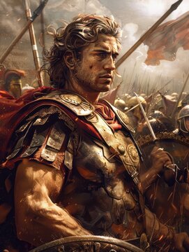 Alexander the Great in the midst of battle. His steely gaze radiates determination and fearlessness. Surrounded by an impressive phalanx of powerful soldiers.