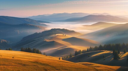 Obraz premium Panoramic view of mist-covered mountains, creating a serene and atmospheric natural scene