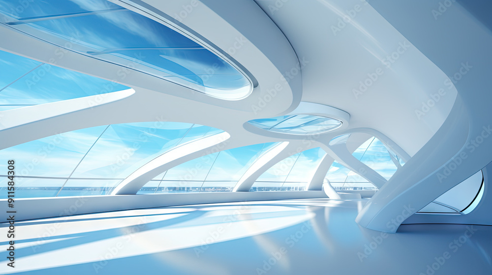 Aufkleber Abstract architecture scene with smooth curves. Abstract background with futuristic building in white and blue colors.