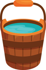 Wooden bucket is holding water with a metal handle and bands © nsit0108