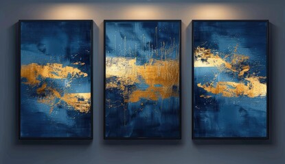 Naklejka premium Three framed abstract paintings with gold accents.