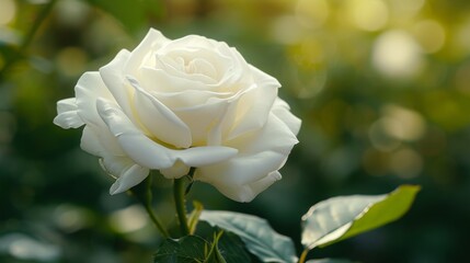 Pure beauty of a white rose blooming in a garden, with lush green foliage in the background