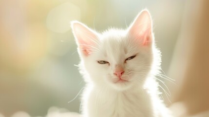 Obraz premium Close-up shot of a white kitten winking at the camera