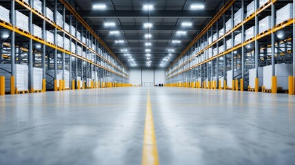 Wide-angle view of a bright warehouse with rows of LED lights, empty storage facility, industrial design