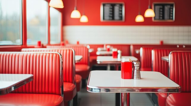 Classic 50s diner with red booths and chrome accents, retro decor, and nostalgic charm