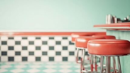 Cozy 50s cafe with a retro design, red bar stools, and checkered tiles, vintage American diner