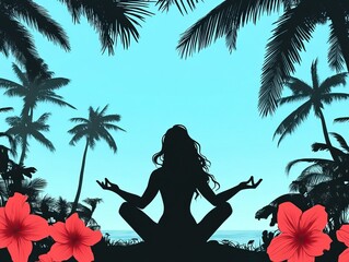 Silhouette of a beautiful woman make Yoga, wear bikini, blue sky, palms, tropical flowers