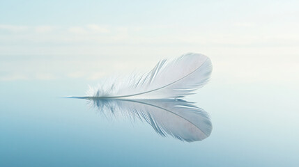 Obraz premium Serene White Feather Drifting on Calm Water with Reflection of Blue Sky - Concept of Tranquility and Peace