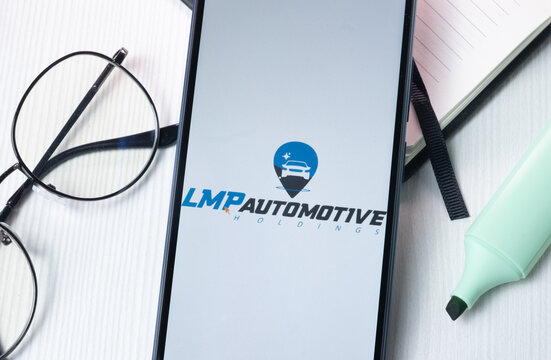 New York, USA - 1 August 2024: LMP Automotive Holdings Logo on Phone Screen, Company Icon on Display