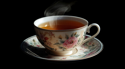 Obraz premium Serene Moment - Hand-Painted Ceramic Teacup with Floral Patterns and Steaming Tea on Saucer