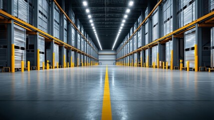 Large industrial warehouse interior with high-tech LED lighting, empty space, and modern infrastructure