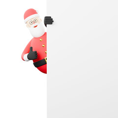 3D cartoon character of Santa Claus gives a thumbs up behind a white board.