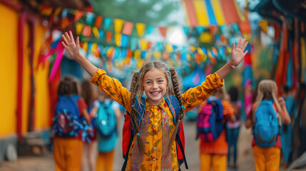a group of school children in colored clothes with school bags and backpacks run to school smiling. back to school, knowledge day. Friends. Friendship. Study. Joy. Happiness.