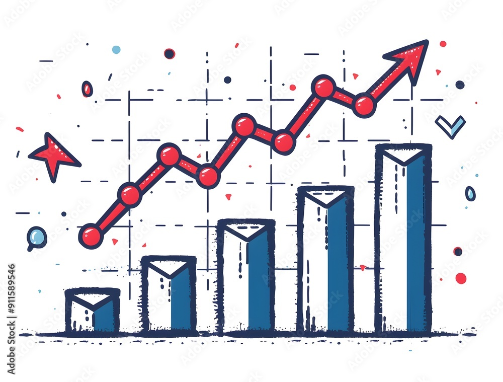 Poster a graph with a red arrow pointing upwards. the graph is made up of blue and red bars