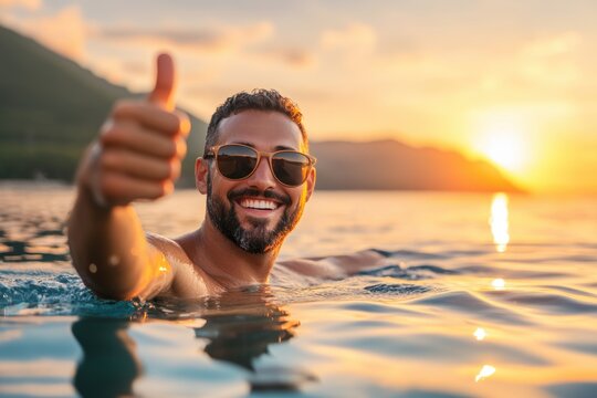 Smiling man swimming in lake at sunset giving thumbs up - Powered by Adobe