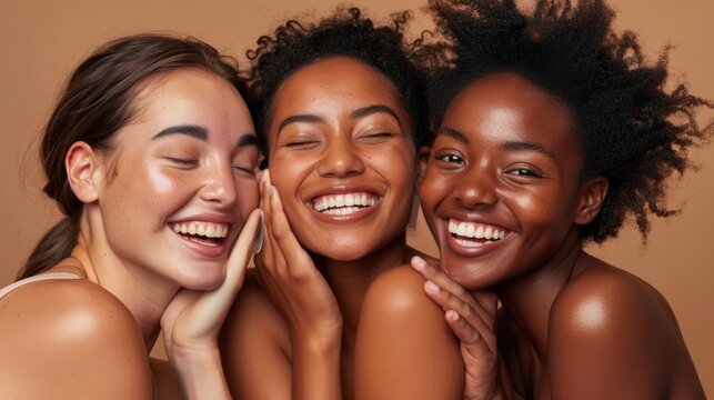 Skincare, beauty black women, friends, and face cream in a studio on a brown background. Group portrait, smile, and happy models apply facial lotion or cosmetics to moisturize healthy skin.