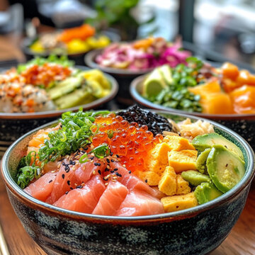multiple bowls of vibrant, healthy Japanese food with colorful and playful ingredients, Japanese cheff and restaurant in the background