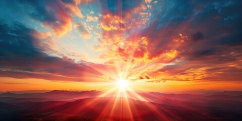 Fototapeta premium Panoramic Horizon Sunburst A stunning panoramic view captures the sun bursting above the horizon illuminating the sky with vibrant colors evoking a sense of awe and wonder