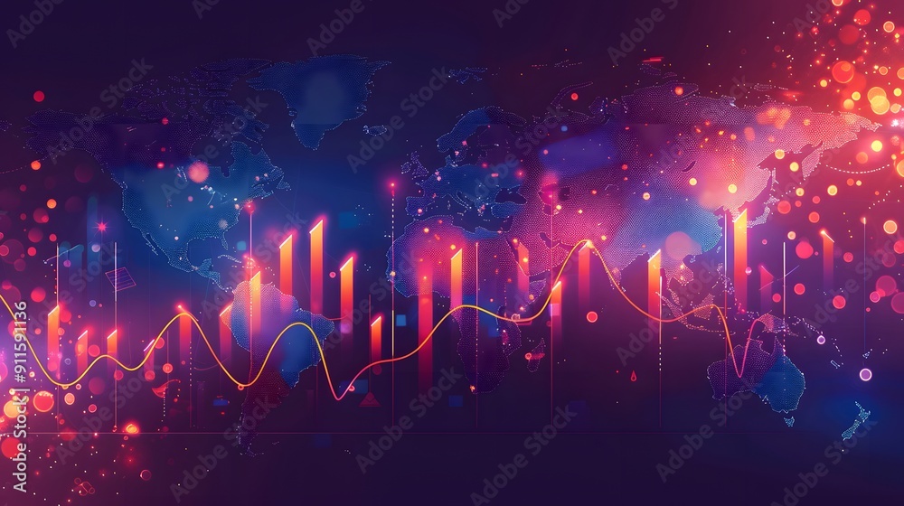 Poster a colorful graph with a world map in the background. the graph is filled with lines and dots, and th