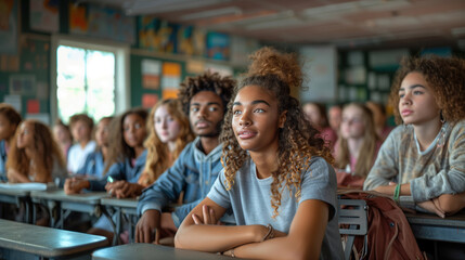 Obraz premium High school students in class listening to teacher In Classroom. University students in classroom listen to lecture.Education concept. School education. Gaining knowledge. Lesson. 