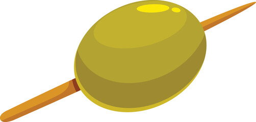 Single green olive is impaled on a cocktail stick