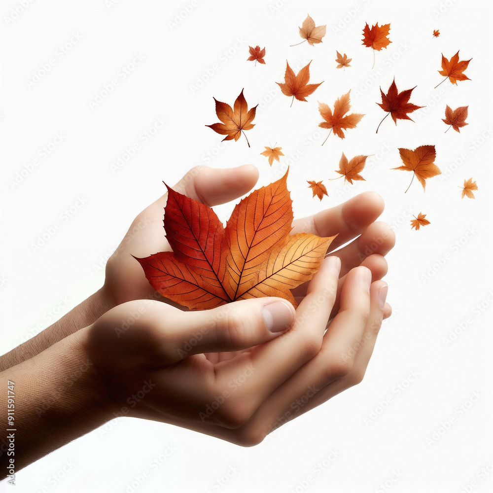 Sticker Hands with autumn leaves on white background. AI