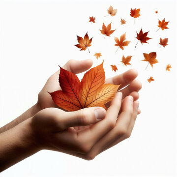 Hands with autumn leaves on white background. AI