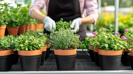 Fototapeta premium A gardener arranging a display of potted herbs and flowers in a greenhouse