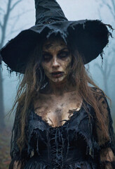 Portrait of a woman vampire zombie witch with dark makeup wearing black tattered clothing in a forest at night.