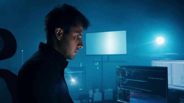 A portrait of an IT spet in deep thought surrounded by screens and equipment as they work to troubleshoot a technical issue.