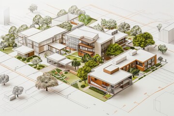 Fototapeta premium Preliminary diagram of a landscaped business park, Concept, Soft tones, Pencil sketch, Emphasizing design and greenery