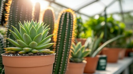 Obraz premium A greenhouse with a variety of potted succulents and cacti, creating a desert-like oasis