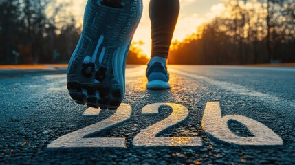 New year 2024 concept, beginning of success. Text 2024 written on asphalt road, male runner preparing for the new year