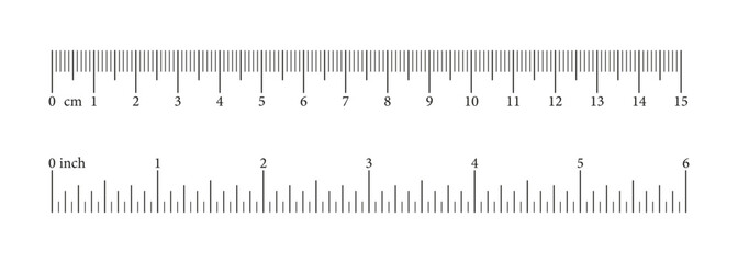 Scale 6 inch, 15 centimeters, markup, numbers. Distance, height, length measurement, sewing tool. Measuring charts, metric, imperial units template.