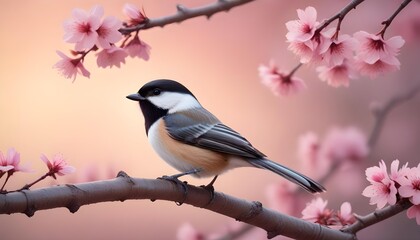 Obraz premium Close-up view of bird rest on tree branches with booming cherry blossom in Spring.