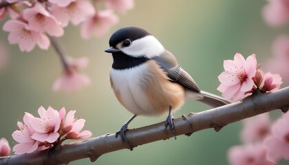 Obraz premium Close-up view of bird rest on tree branches with booming cherry blossom in Spring.