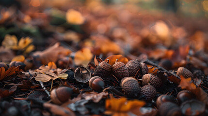 Close-up of acorns and fallen leaves on forest floor 