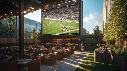 People enjoying an outdoor sports bar with large screen showing football game